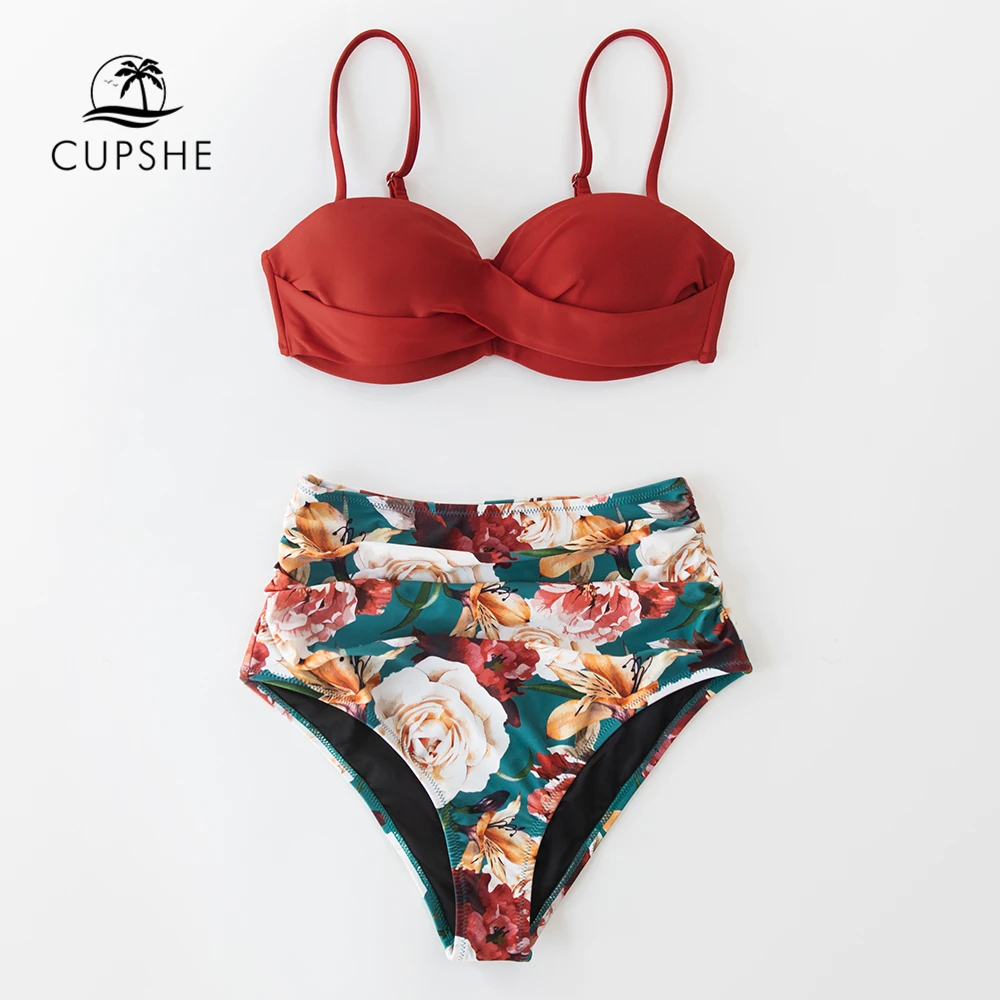 CUPSHE красный и цветочный пуш ап с высокой талией бикини комплекты купальник