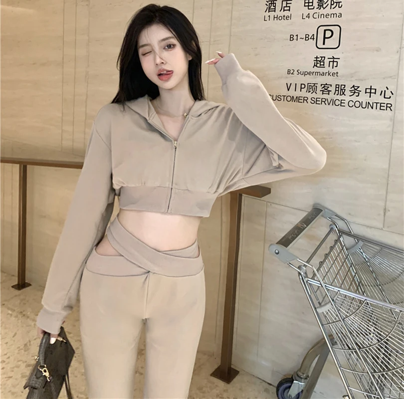 

Женский спортивный костюм из двух предметов, укороченный топ на молнии с высокой талией, осенний спортивный костюм