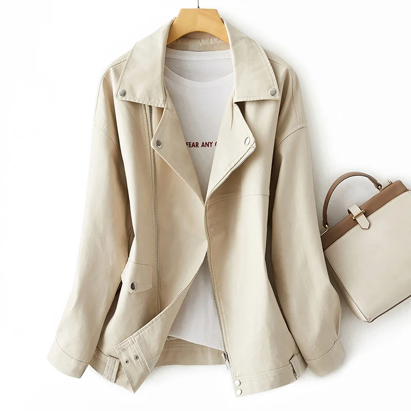 

Ailegogo New Spring Women Loose Pu Leather Jacket BF Style Moto Biker Lapel Zipper Warm Faux Leather Coat Autumn Outwear