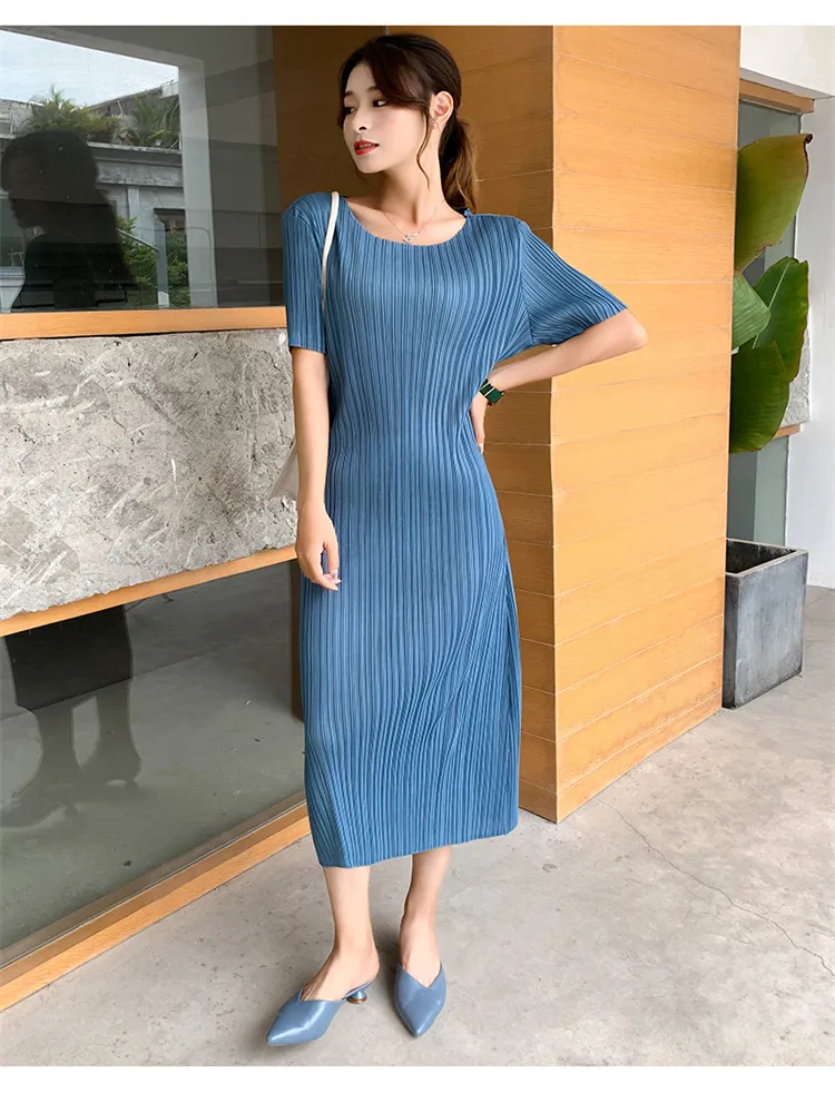 

miyake pleated dress 2021 summer and autumn loose oversized vest dress women blue yellow solid color Elegant long dresses women