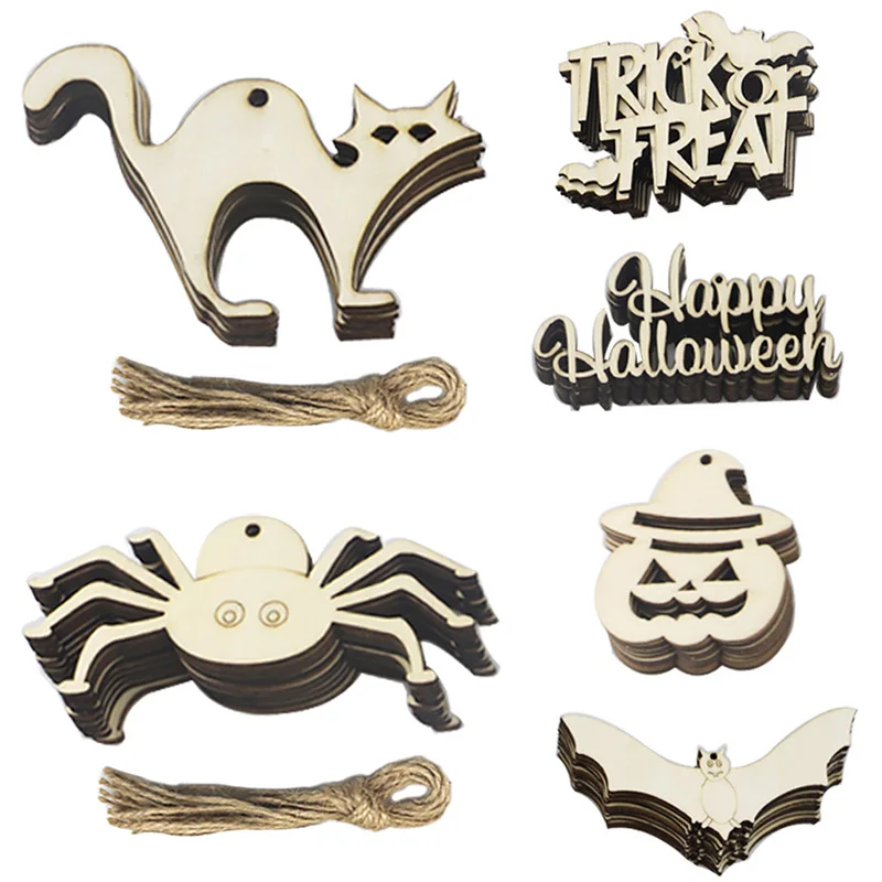 

10 Pieces Of Halloween Wooden Rack Bat Spider Pumpkin Wood Chip Diy Halloween Party Decoration Wooden Craft Pendant Pendant