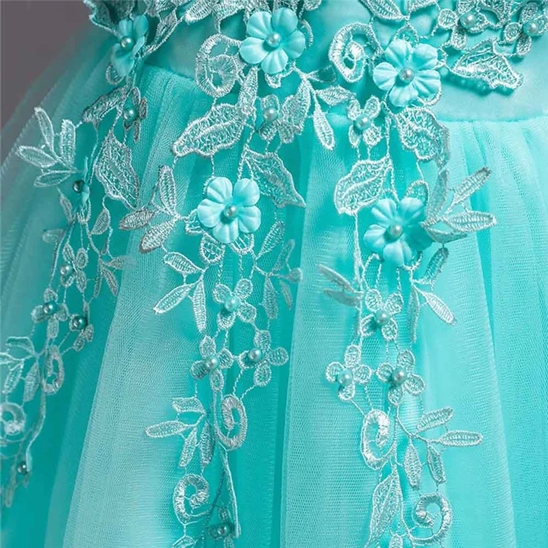 

2020 Latest Flower Girl Dresses For Wedding Blue Bow Button Back Appliques Beaded Sleeveless Laces Top vestidos