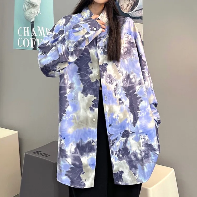 

Осенняя Свободная Повседневная рубашка в стиле Харадзюку в гонконгском стиле с принтом и завязкой, с длинным рукавом, женские топы