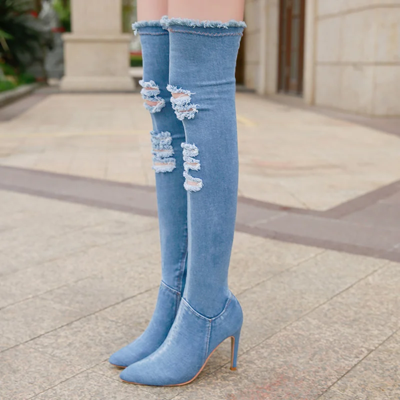 

Denim Long Boots Women Thigh Pointed Toe Booties 2020 Spring Winter High Heels Woman Shoes Ladies Thin Heels Tassel Jean Boots