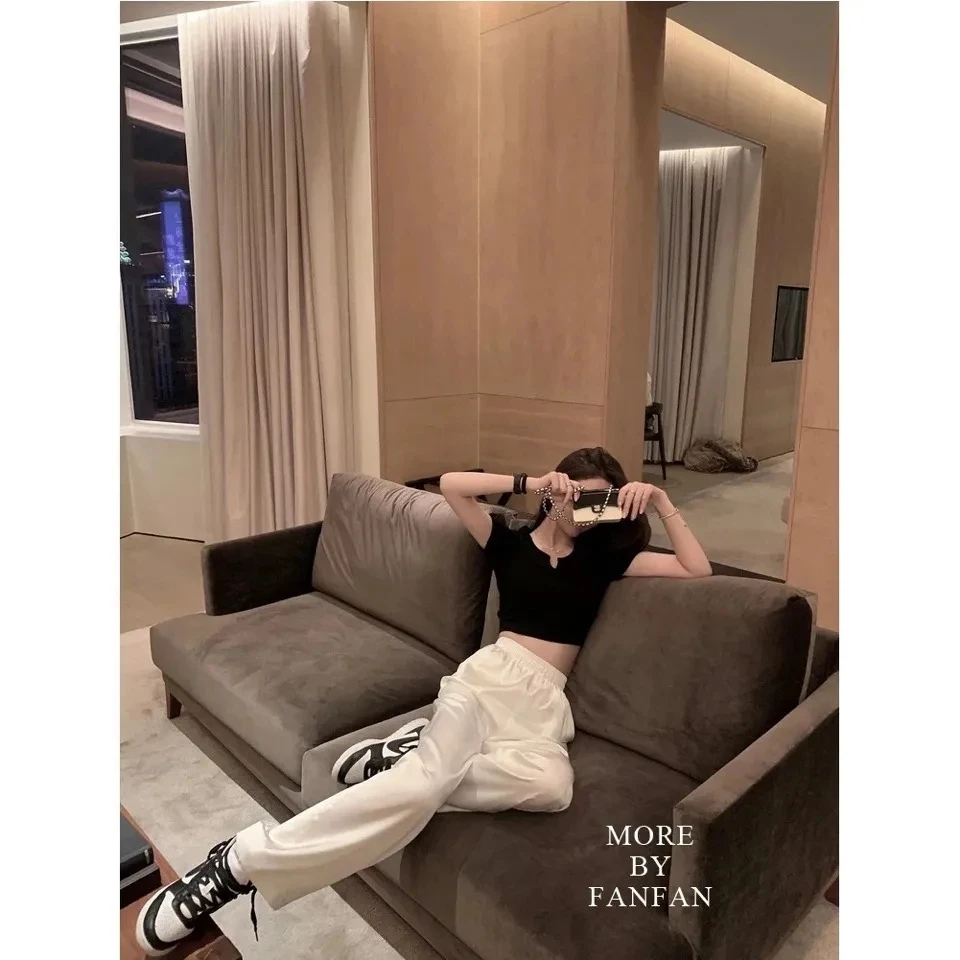 Брюки из ацетатной ткани свободные широкие штаны с завышенной талией модная