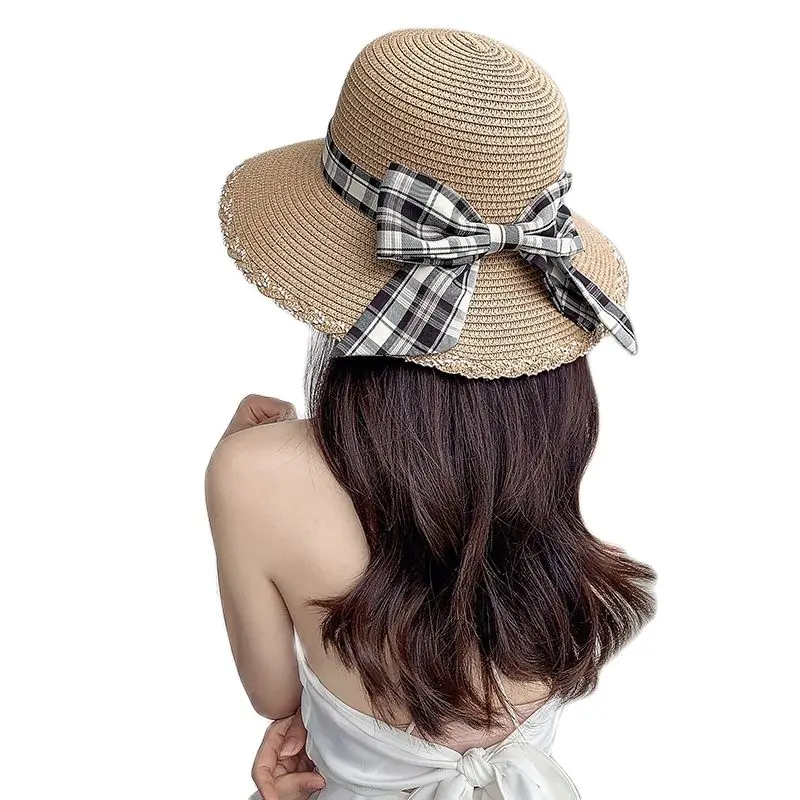 

New Girl Laides Cute Ribbon Sun hat Summer Women Holiday Beach Visor Hat Sun protection Caps with Plaid Bow Bowknot