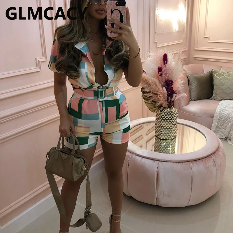 

Women Short Sleeve Turn Down Collar Plaid Printed Romper