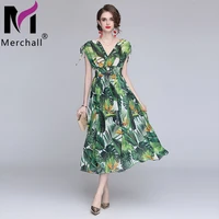 merchall 2021 runway women lace up sleeveless summer maxi chiffon v neck elastic dress flower print holiday green dresses m61379