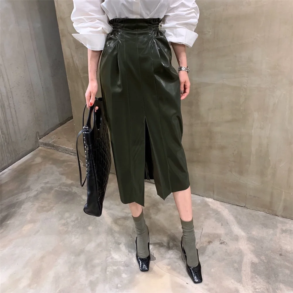 

Lolita Saia Long Skirt Midi Skirt Real Faux Leather Straight None Empire Solid 2020 New Women's Shiny Slit High Waist Bag Hip