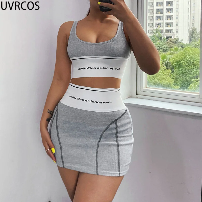 

UVRCOS 2 Piece Sets Womens Outfits Summer Streetwear Women Letter Print Slim Cropped Tank Top+Pencil Skirt Sportwear Skirts Sets