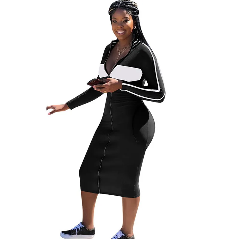 

Winter Color Block Patchwork Casual Dress Women Turtleneck Long Sleeve Bodycon Dress Front Zipper Side Striped Midi Day Dress