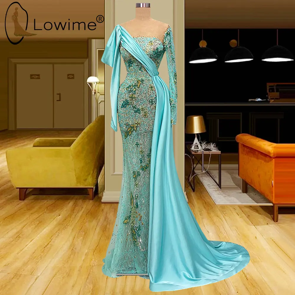 

Женское вечернее платье-Русалка Lowime, синее платье с длинным рукавом и кристаллами в мусульманском стиле, сексуальное платье для выпусквечерние вечера, 2022