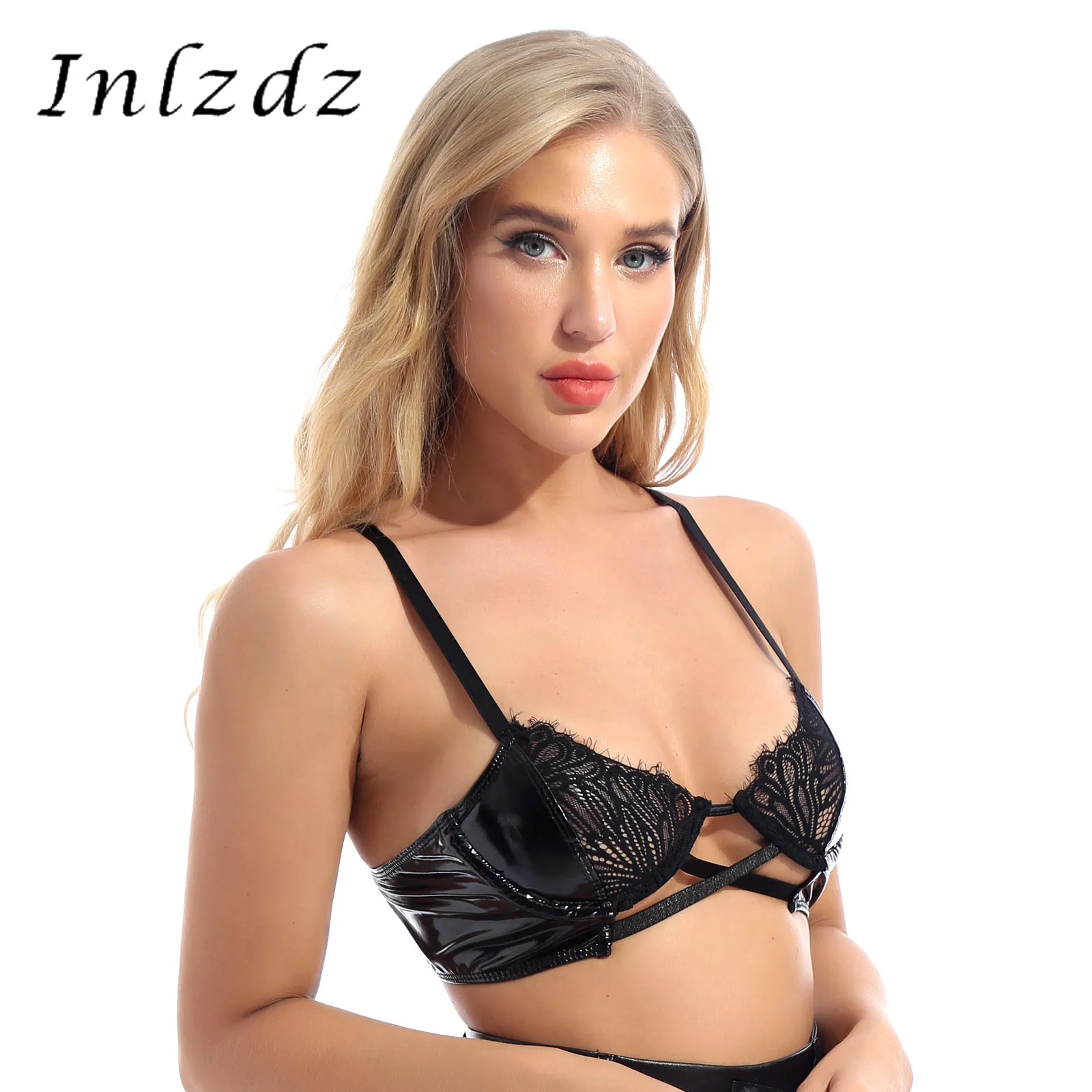

Womens Lingerie Wet Look Patent Leather Lace Patchwork Underwired Hot Bra Tops Adjustable Shoulder Strap Hollow Out Brassiere
