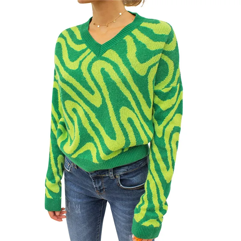 Женский трикотажный свитер с длинным рукавом V-образным вырезом | Женская одежда