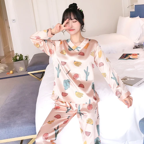 C Q 896 fen Осенняя Шелковая пижама с длинным рукавом для женщин pijama mujer, милый пижамный комплект с мультяшным принтом, домашняя одежда, длинные штаны, сексуальные пижамы - Цвет: C Q 896 fen