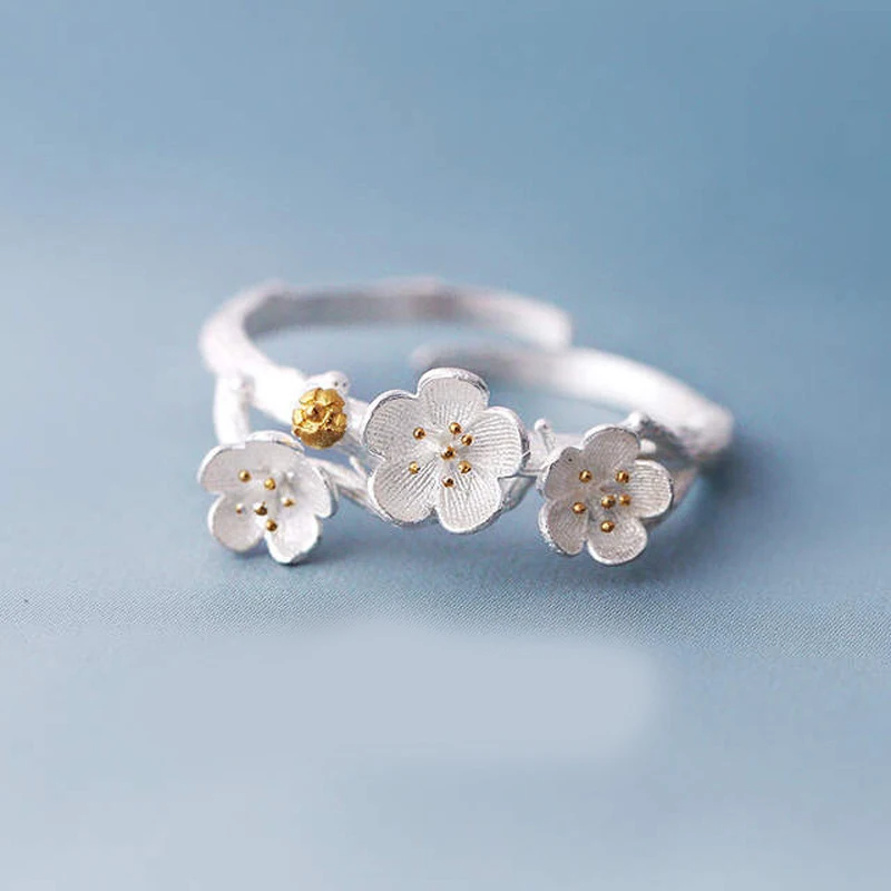 

Женское кольцо с цветком сливы, элегантное кольцо серебряного цвета с изменяемым размером, регулируемый размер, модные ювелирные украшения