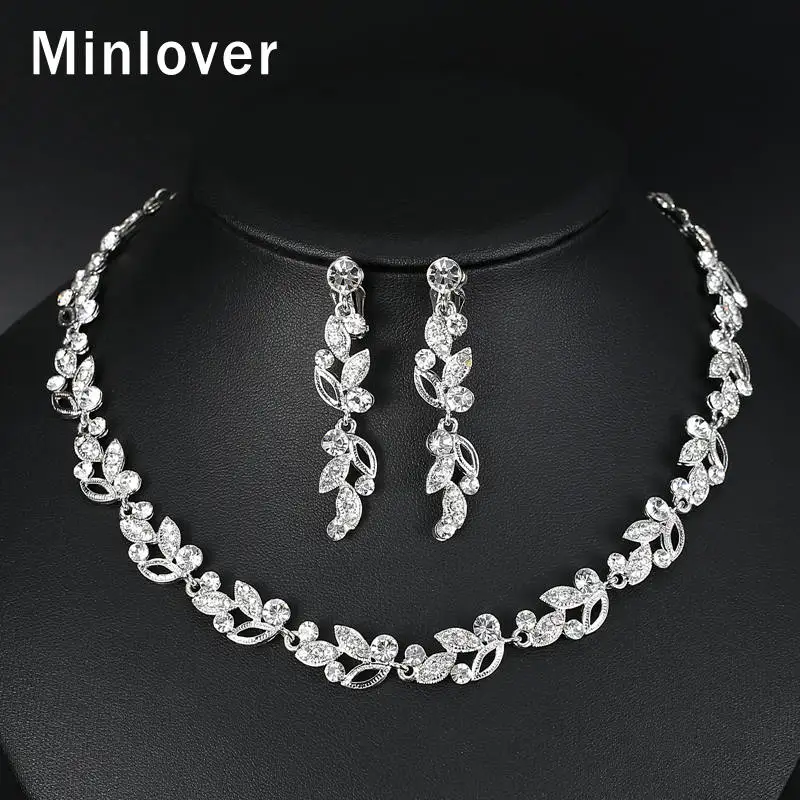 Minlover элегантные Листья Свадебные Ювелирные наборы серебряного вечерние Стразы