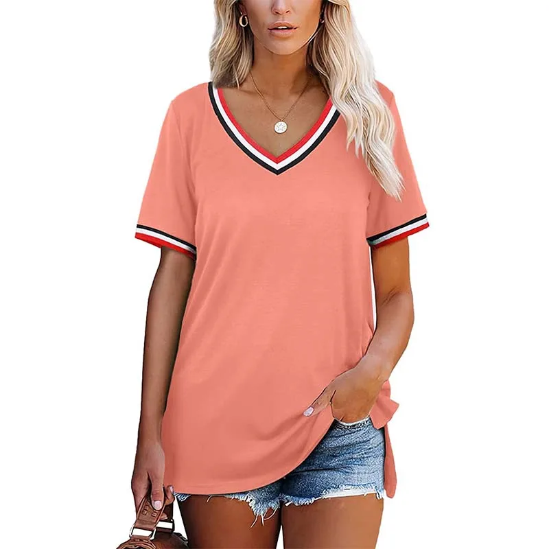 

Summer T Shirt Women Clothes Solid Color Short Sleeve Striped Sexy V-neck Tops Loose Patchwork Split Casual Streetwear Tee Shirt