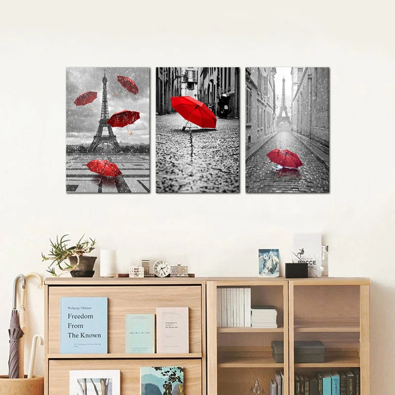 

3 Panels Canvas Wall Art Painting Red Unbrella on Street Print Home Decor Poster Modern Style Living Room Decoration Pictures
