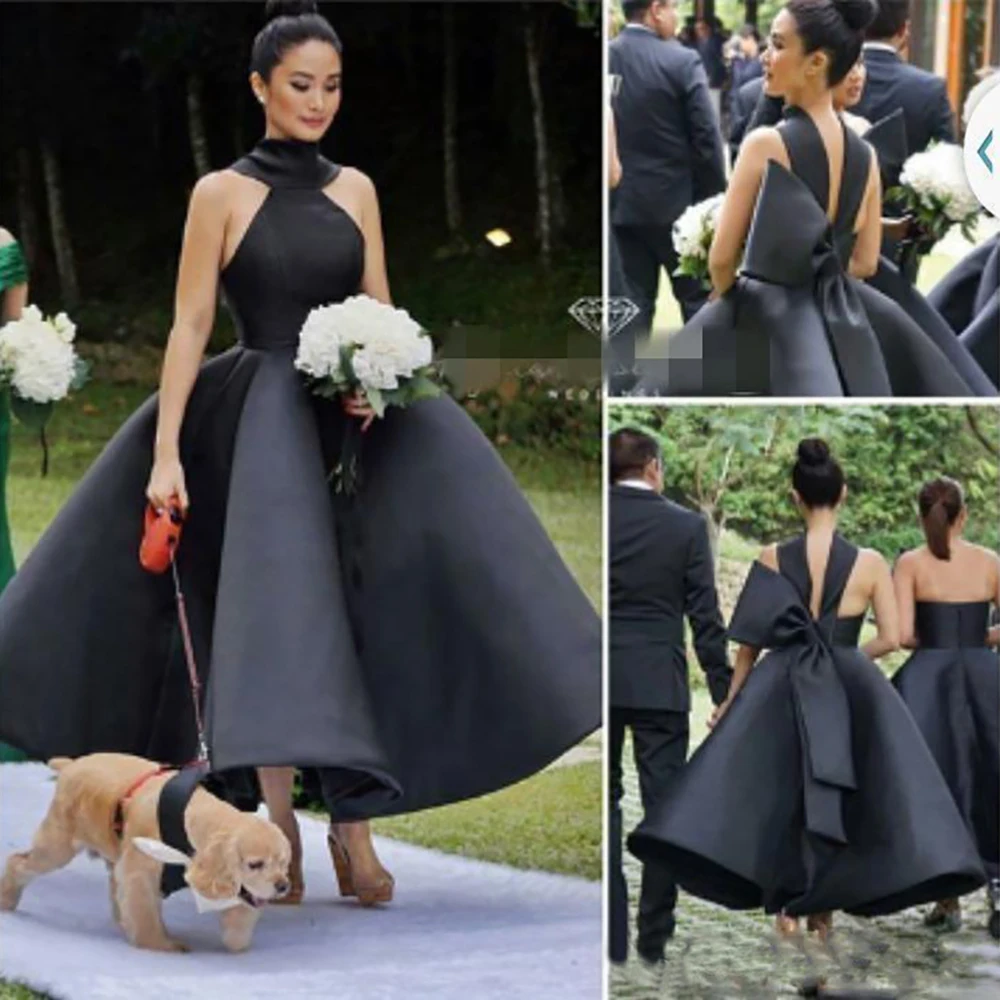 

Custom Girls Pageant Formal A Line Prom Party Gown Sleeveless Satin High Neck Black Backless Evening Dresses
