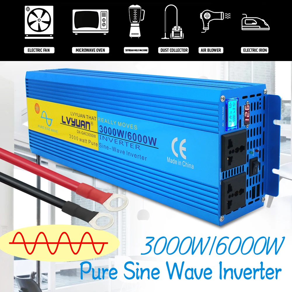 

DC 24V To AC 220V-230V 50Hz 60Hz 6000Watts Peak EU/Universal Socket LCD & LED Display Pure Sine Wave Double Power Inverter