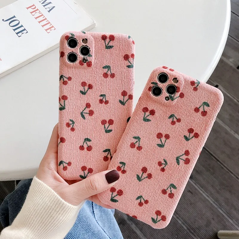 

Fashion Retro Corduroy Cherry Female Soft Case For Iphone 11 12 Pro Max Mini 7 8 Plus Xr X Xs Max Se 2 Luxury Phone Cover Fundas