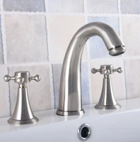 bathroom brushed nickel mixer faucet two handles 3 hole basin sink hot cold water taps nnf681