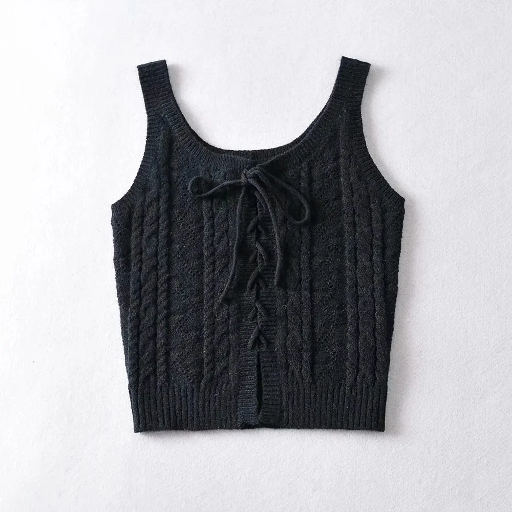 

Vintage tank top women summer korean crop top knit o neck tops black sexy lace up tops women sleeveless crop tank top twist
