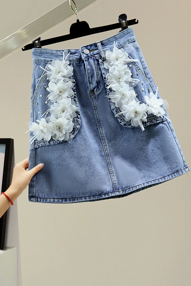 

Three-Dimensional Flower Jeans Skirt Women Beaded A- Line Skirt 2021 Summer Korean High Waist Slimming Diamond Jean Skirts Femme