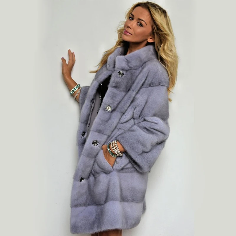 Luxury 90cm Long Women Grey Real Fur Coat Stand Collar Natural Full Pelt Genuine Import Mink Fur Coats Woman Outfit High Quality