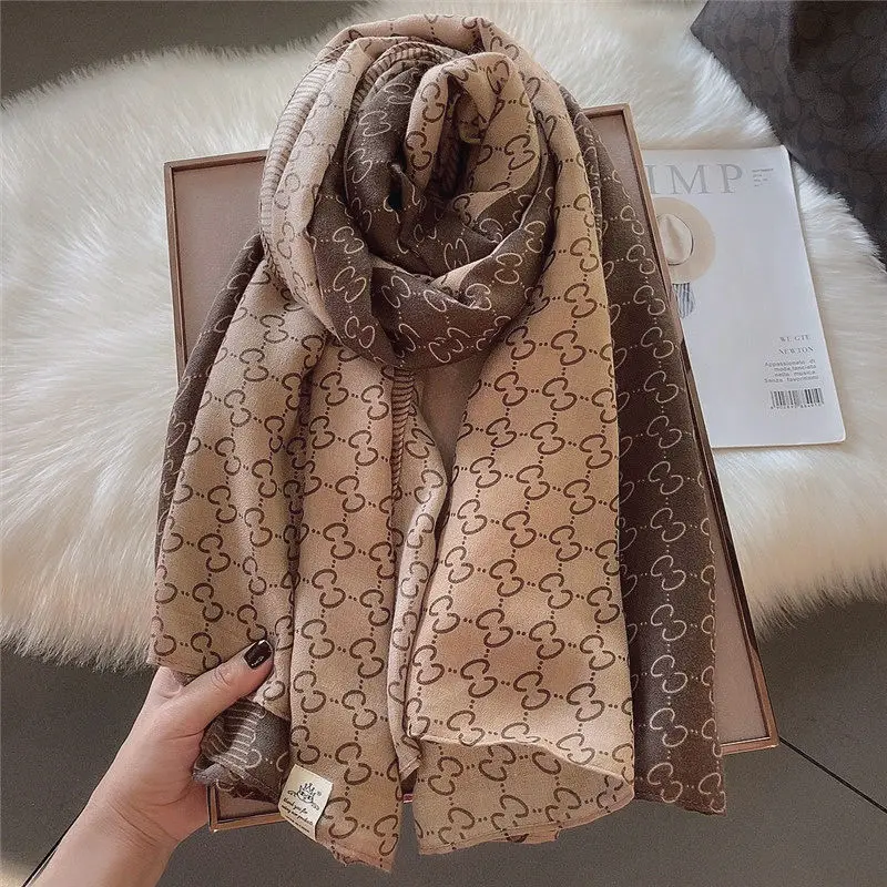 

Temperament color matching letters literary style cotton hemp scarf women's winter Korean long shawl