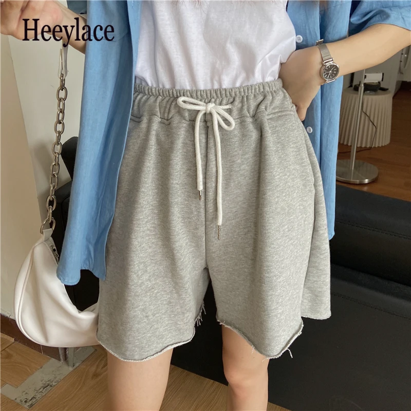 

Women Shorts Solid Spring Summer 2021 New Wide Leg High Elastic Waist Irregular Beach Joggers Lace Up Korean Shorts Trousers