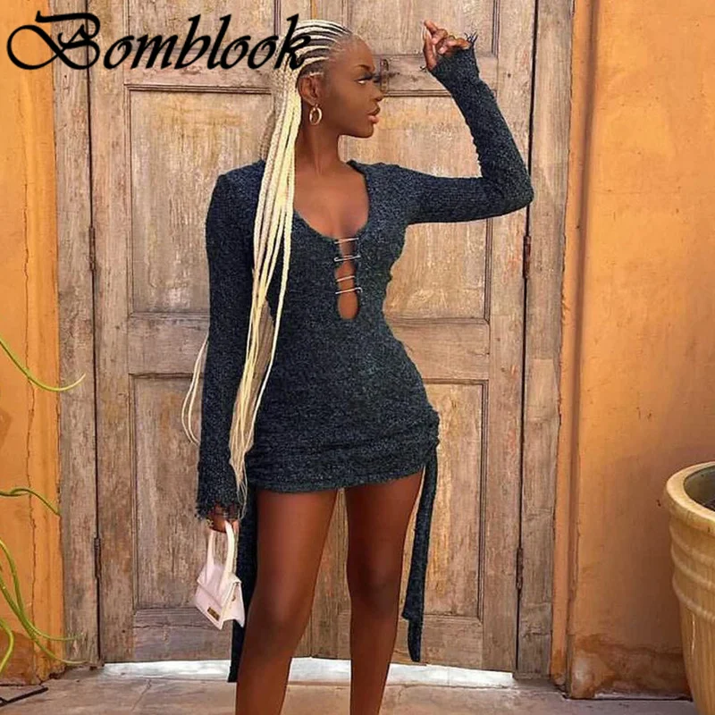 

Bomblook Casual Fashion Bodycon Dresses For Women 2021 Autumn Solid V-neck Long Sleeve Drawstring Mixi Dress Female Streetwears