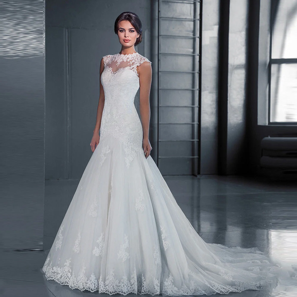 

Off The Shoulder Wedding Dresses Dress Chiffon Sleeveless High Collar Floor Length Lace V-neck Slim Fitting Fishtail Slim
