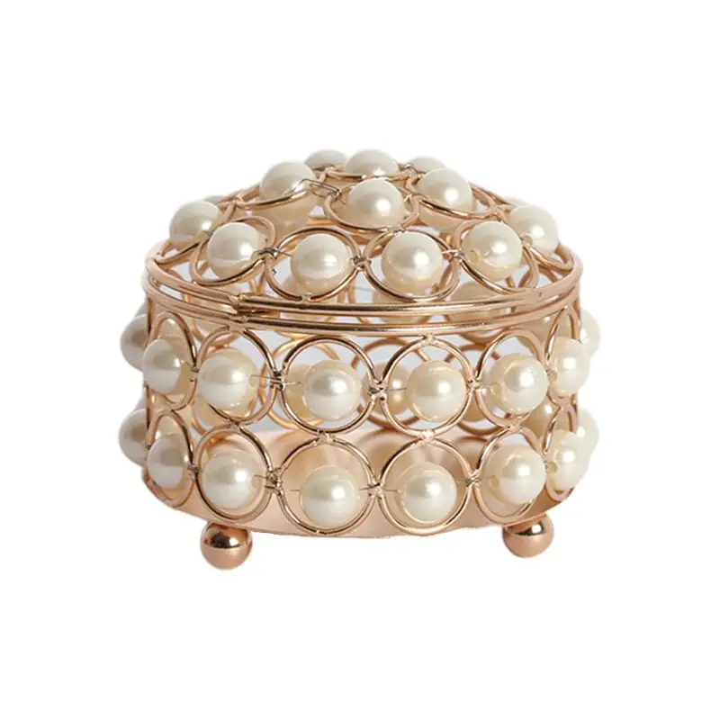 

European Pearl Crystal Metal Storage Box Lipstick Earring Organizer Case Holder
