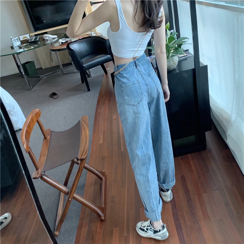 

Han edition leisure tall waist can be adjusted loose thin joker wide-legged pants cowboy