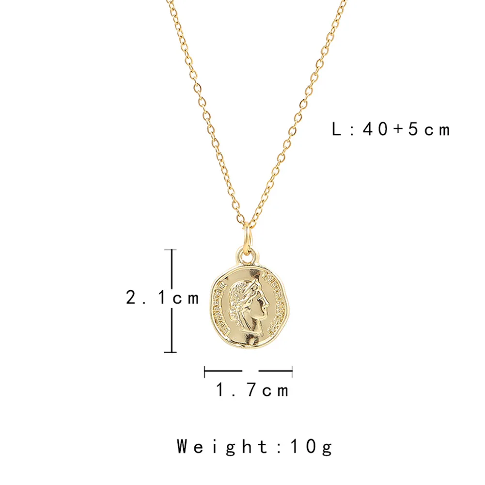 

Vintage Stainless Steel Necklace For Women Gold Color Real Gold Plating Portrait Letter Coin Pendant Chain Long Choker On Neck
