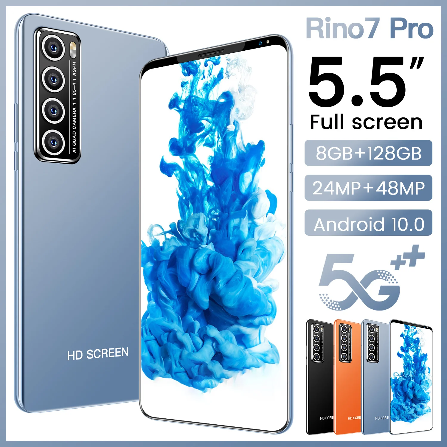 

Global Version Rino7Pro 5.5 Inch Fingerprint ID 24+48MP 8+128GB Cellphones Dual SIM+Micro SD 4800mAh Smartphones MTK6595 Orange