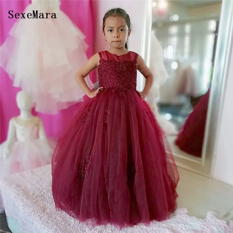 

New Burgundy Puffy Tulle Flower Girl Dress Lace Beads Children Wedding Party Dress Pageant Communion Gown