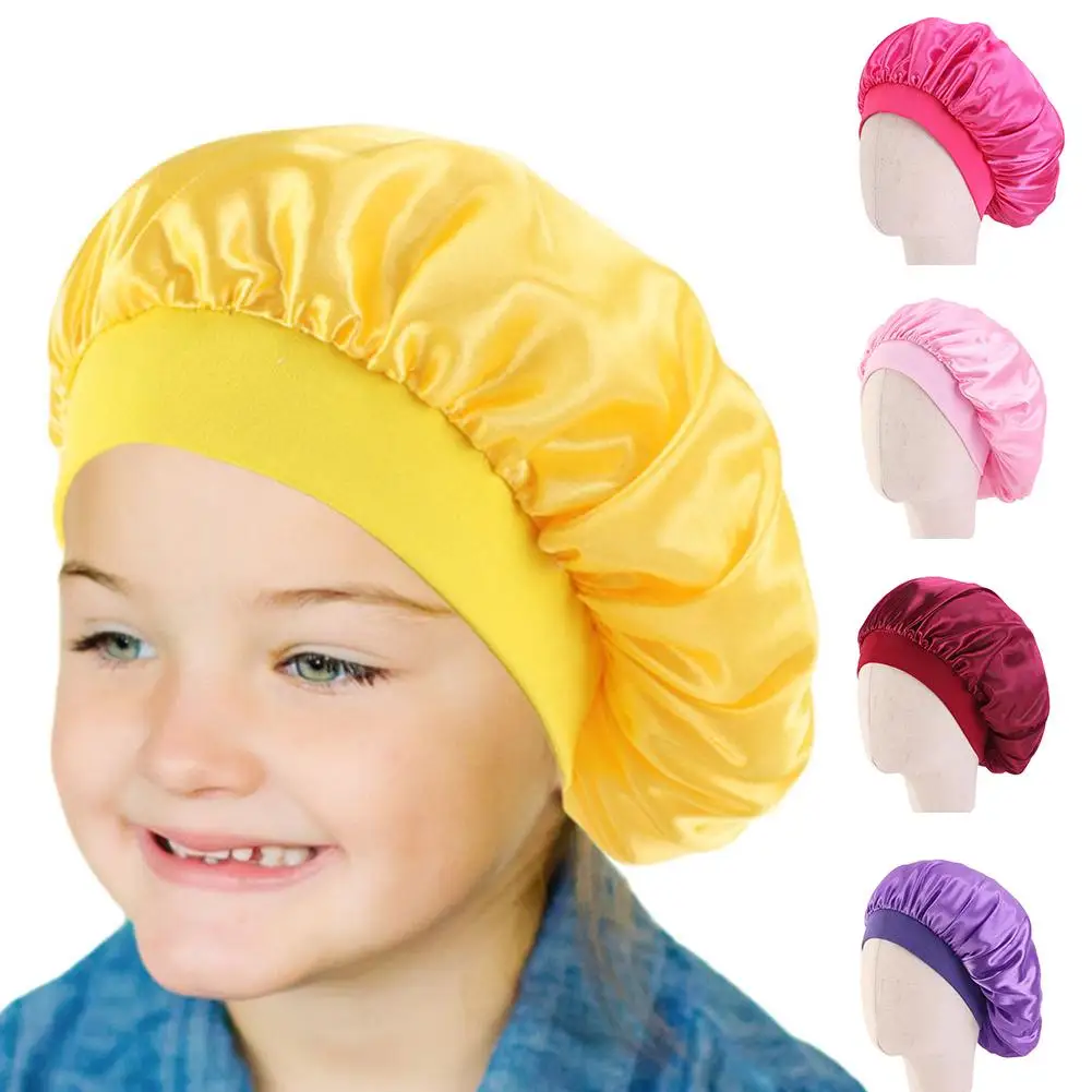 

Solid Color Kids Wide Brim Elastic Night Sleep Bonnet Shower Hat Hair Care Cap