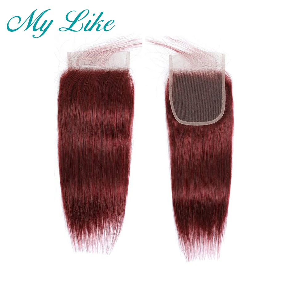 4 Bundles with Closure 50g/pc Ombre Peruvian Straight Human Hair Lace Red Wine 99j With | Шиньоны и парики