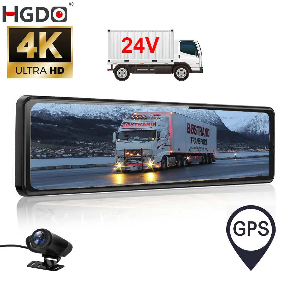 

HGDO 12" 4K Dash Cam SonyIMX415 Rear View Mirror GPS Camera Car DVR Video Recorder for 24V Truck Van Lorry freight train wagon