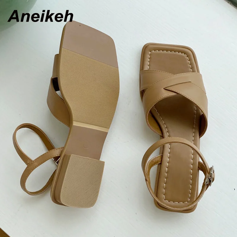 

Aneikeh 2021 Summer Shoes For Womens PU Sandals Square Heels Shallow Casual Basic Buckle Strap Sewing Solid Concise Retro Adult