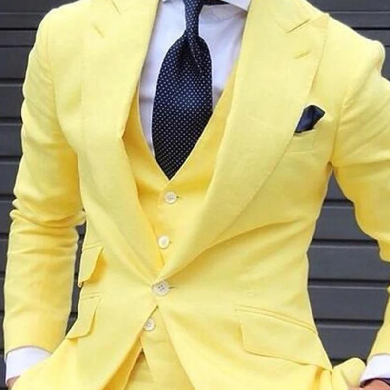 Yellow Slim Fit Prom Suits for Men 3 Piece Set Jacket with Pants Vest Latest Coat Casual Design Male Fashion Smoking Clothes | Мужская