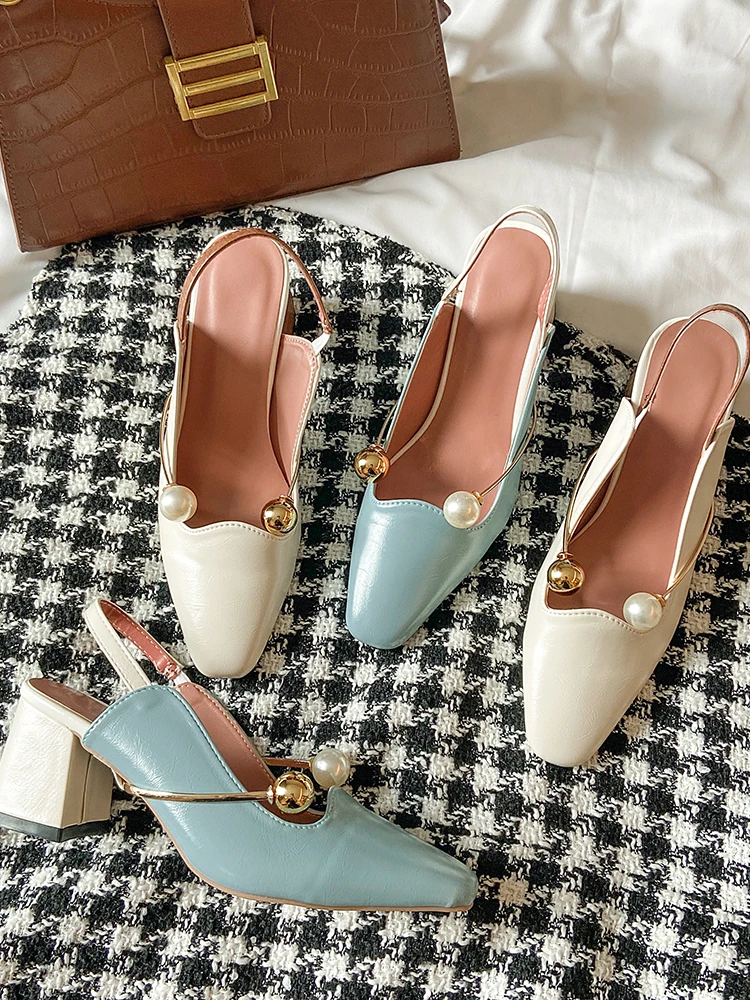 

Женские сандалии с жемчужинами, простые однослойные туфли на высоком квадратном каблуке, с пряжкой, на весну и осень