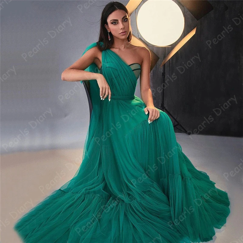 

Green One Shoulder Evening Dresses Long 2021 A-Line Tulle Prom Dresses Robe De Soiree Celebrity Dress Women Party Night Gowns