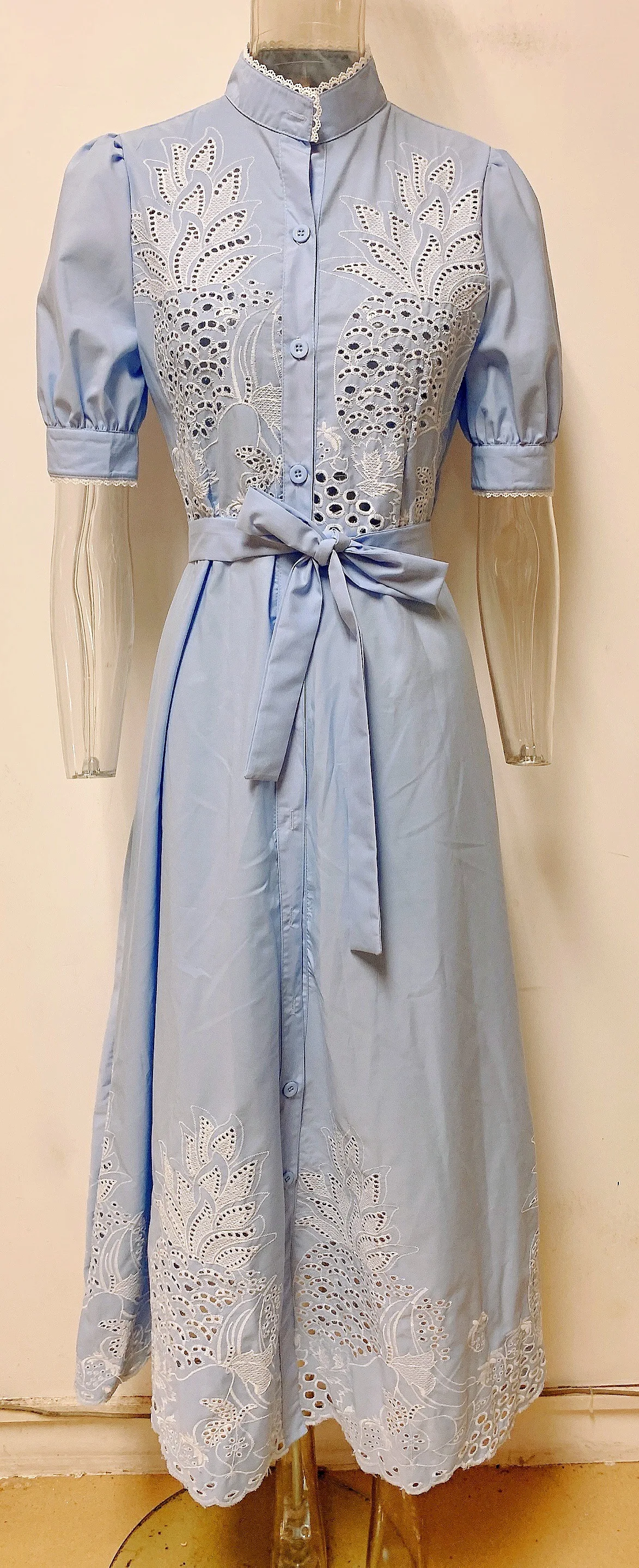 

Puff Sleeve Hollow Out Shirt Women Summer Dress Casual Elegant Patchwork Embroidery Lace Long Dress Lace-Up Belted Party Dresses