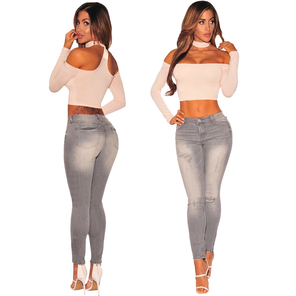 2019 летние модные эластичные рваные джинсы для женщин с дырками обтягивающие