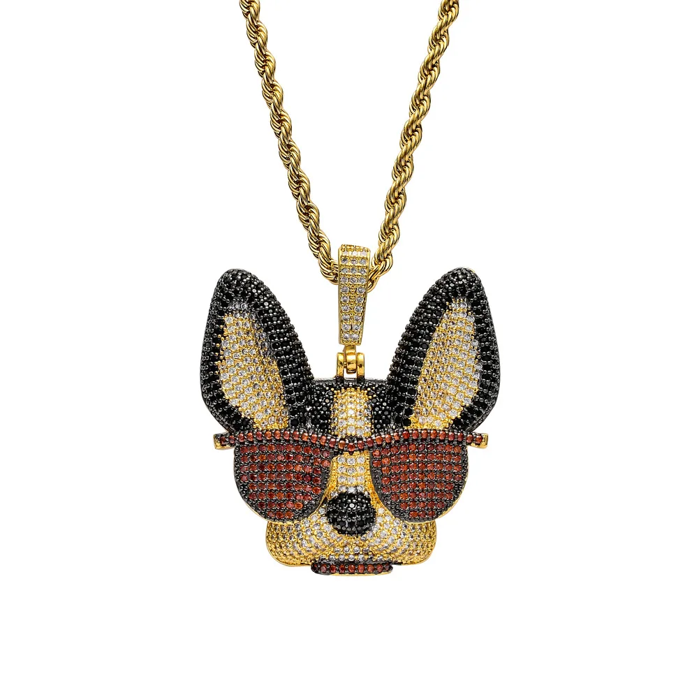 Hip Hop Jewelry High Quality Iced Out Chain 18K Gold Plated Bling CZ Simulated Diamond Hip-hop Dog with Glasses Pendant Necklace