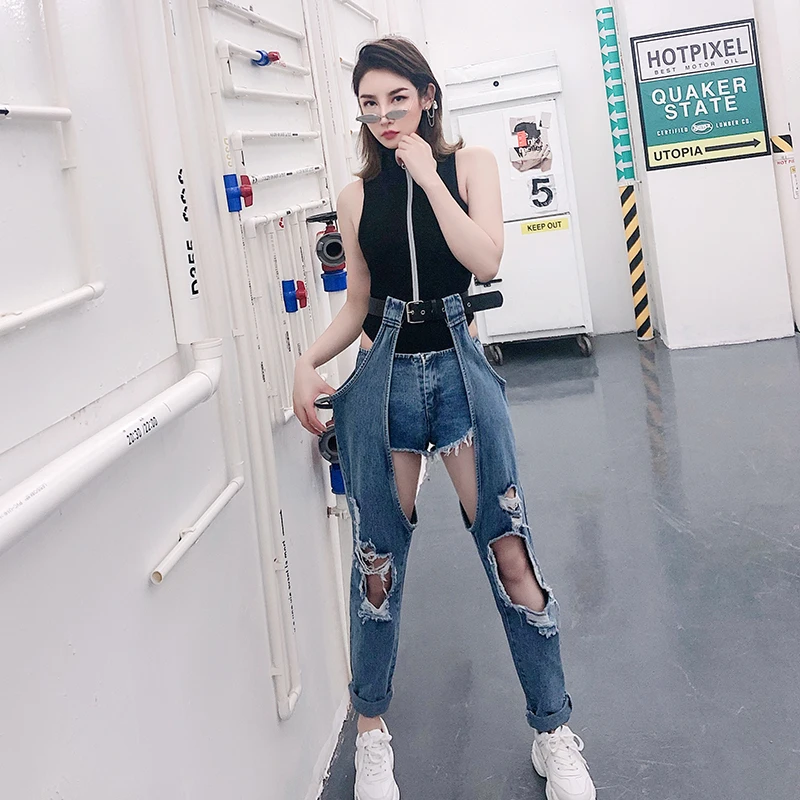 

Street Fashion Hollow Out High Waisted Jeans Personality Casual Detachable Two Wear Harem Pants 2021 Spring Clothing